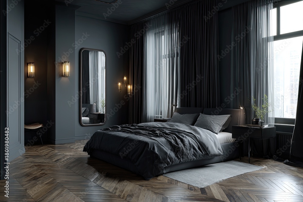 Fototapeta premium Luxurious, dark gray bedroom features a large bed, mirror, window with curtains, and wooden floor