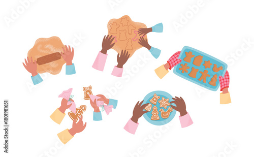 Christmas gingerbread cookies cooking process. Holiday baking process top view. Homemade holiday food. Vector illustration in flat style