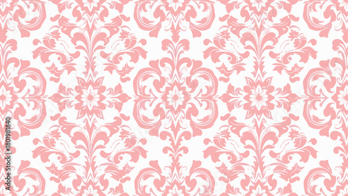 Seamless vintage floral and damask pattern with white pink Victorian ornament design