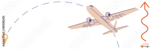 Airplane in mid-flight on a dotted flight path toward a location marker, with a truck and wavy arrow. Ideal for travel, logistics, delivery, aviation, progress, goals global connections. Simple flat