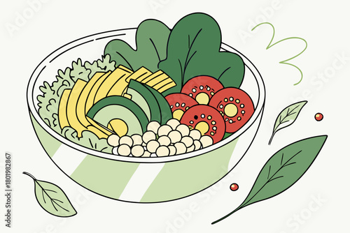 Fresh and healthy salad bowl with avocado and tomatoes 