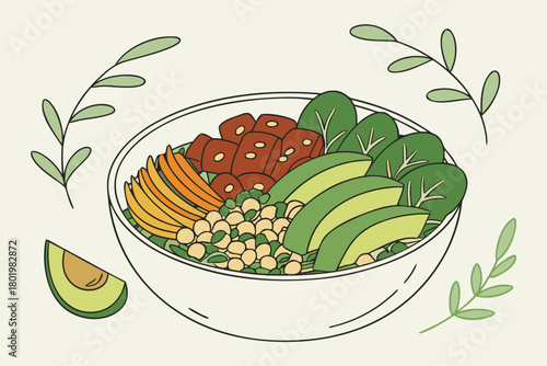 Fresh and delicious poke bowl with avocado and chickpeas illustration