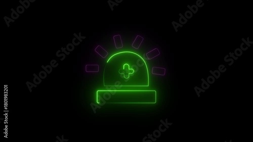 Neon Red Emergency Siren Light Animation – Glowing Alert Icon on Black Background. Police Emergency Light Neon Icon – Flashing Siren Animation.