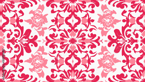 Seamless red floral pattern with vintage leaves and decorative swirls for wallpaper and textile design
