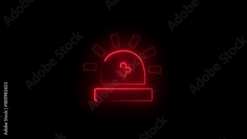 Neon Red Emergency Siren Light Animation – Glowing Alert Icon on Black Background. Police Emergency Light Neon Icon – Red Flashing Siren Animation.