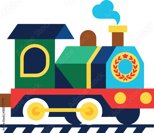 Christmas toy train engine with wreath and smoke