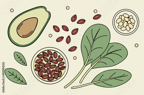 Healthy food arrangement with avocado, flax seeds, spinach and beans