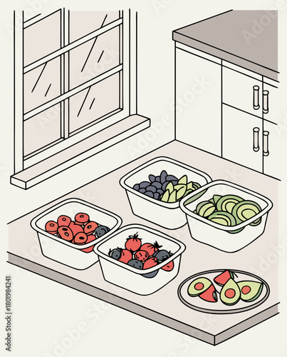 Fresh berries and avocado in a kitchen setting with natural lighting