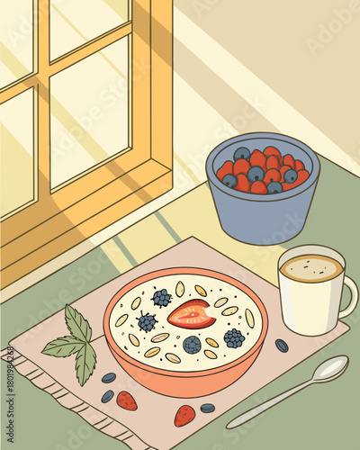 Delicious breakfast oatmeal with berries and coffee on the table