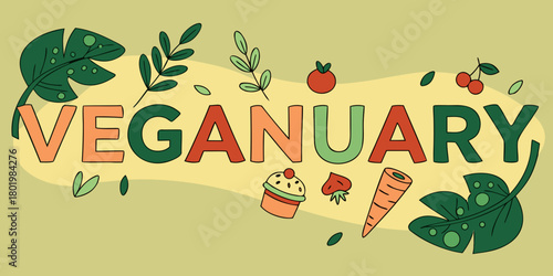 Veganuary text design with various plant elements