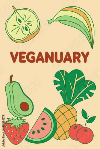 Veganuary with colorful healthy fruits, hand drawn illustration