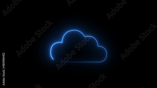 Glowing Neon Cloud and Raindrops Weather Icon Animation – Stormy Night Loop. Neon Night Storm Icon – Glowing Cloud, Raindrops, and Wind Line Animation