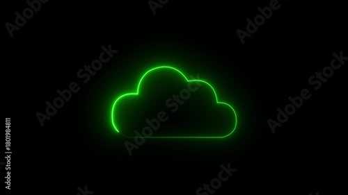 Glowing Neon Cloud and Raindrops Weather Icon Animation – Stormy Night Loop. Neon Night Storm Icon – Glowing Cloud, Raindrops, and Wind Line Animation