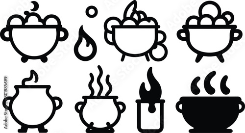 cauldron bubble silhouette style minimal icon set vector  art illustration on a white background.
