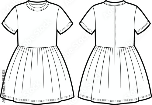 T-shirt dress with gathered skirt vector technical fashion sketch template, front and back view, casual apparel design illustration mockup, flat