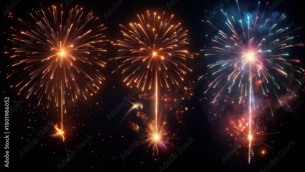 Naklejka premium Vivid bursts of pyrotechnics explode across a dark sky, showcasing vibrant hues and intricate patterns