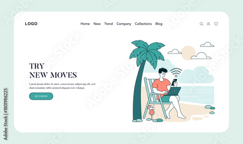 Remote Work on Beach Vector Illustration with Laptop