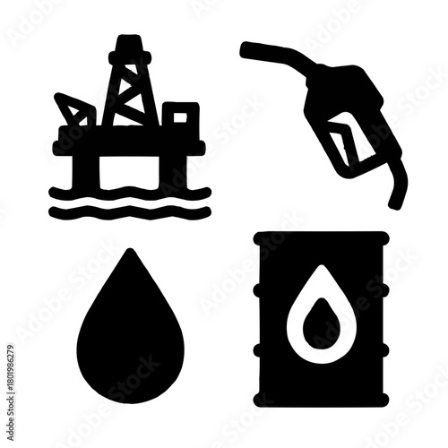 Oil industry icons showing gas pump, offshore oil rig, barrel and drop symbol
