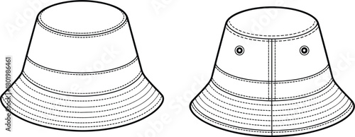 Bucket hat vector technical fashion sketch template, front and back view, wide stitched brim, headwear accessories apparel mockup illustration