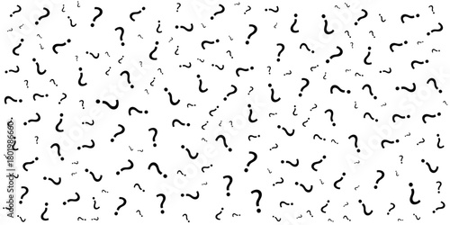 Question mark seamless pattern. Repeating interrogation patern. Hand drawn black simple icon on white sample background. Repeated modern wallpaper for design prints. Repeat swatch.