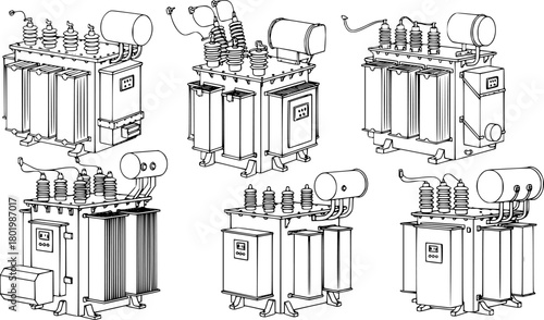 Transformer vector installation on white background . Isolated black set icon energy substation. Vector black set icon transformer.
