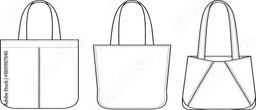 Simple tote bag vector technical sketch template, front, side and gusset views, reusable shopping bag, accessory apparel mockup illustration