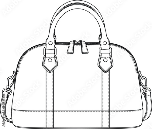 Dome bowler bag vector technical fashion sketch template, zip top, handle and strap detail, women's accessory apparel mockup illustration