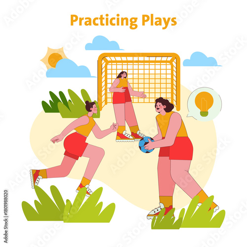 Vector Illustration of a Team Practicing Handball Moves