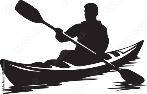 Silhouette of a man kayaking on the water isolated on
