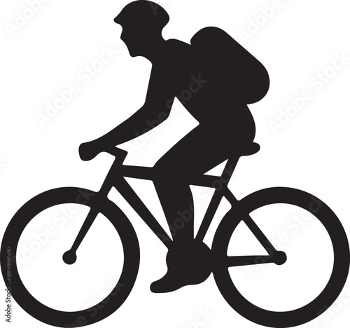 Silhouette of a cyclist riding a bicycle with backpack isolated on