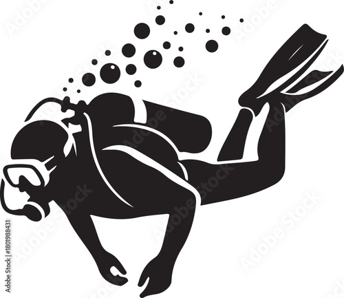 Silhouette of a scuba diver swimming underwater with bubbles isolated on