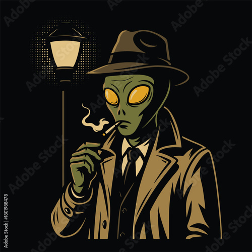Film Noir Alien Detective Smoking Under a Street Lamp