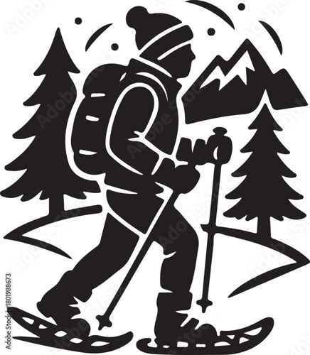 Snowshoer in winter mountain landscape isolated on