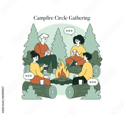 Group Chatting Around Campfire Vector Illustration