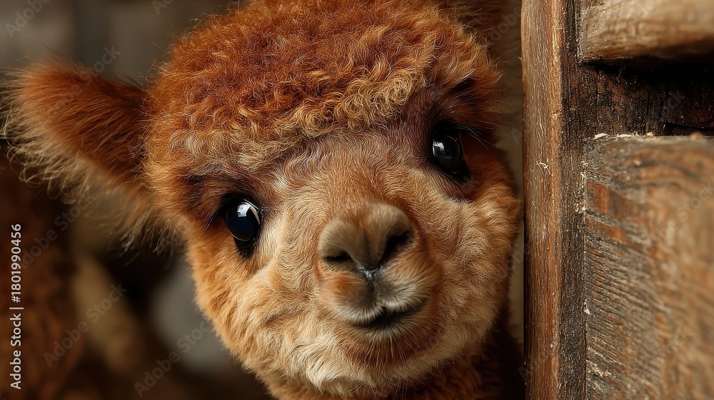 Fototapeta premium Two young alpacas touching noses shows connection and tenderness between animals; the young white and brown alpaca interacting intimately