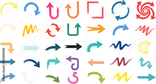 Collection of colorful and diverse arrow icons representing direction movement and progress in various styles