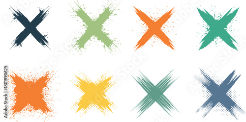 Set of eight colorful hand painted brush stroke x marks in various vibrant colors and textures