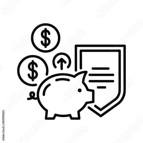 Piggy bank with coins, upward arrow and shield with document