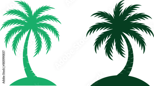 Two stylized palm trees with green and dark green silhouettes on a white background representing tropical locations