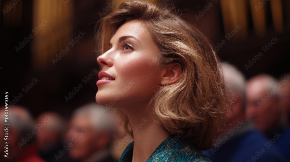 Fototapeta premium Close-up portrait of a young woman with shoulder-length blonde hair. she is looking up towards the sky with a peaceful expression on her face.