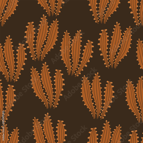 Seamless pattern with hand drawn orange seaweeds on balack background. Vector illustration with sea plants.