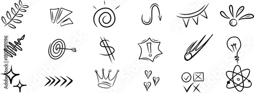 Hand-drawn doodle icon set featuring fun symbols, shapes, and expressive elements for creative projects, stickers, and playful designs.