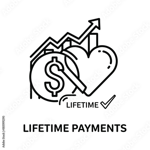 Lifetime payments concept with heart, dollar coin, and growth chart