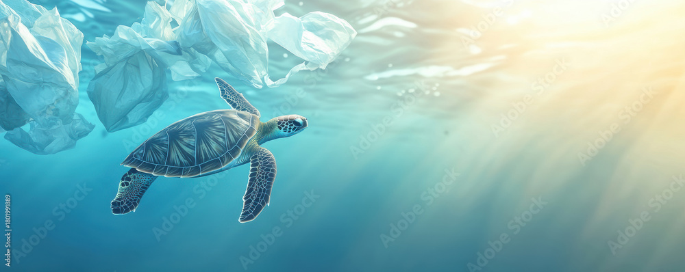 Obraz premium Vulnerable sea turtle swimming underwater in polluted ocean. Plastic waste and garbage highlight an environmental crisis
