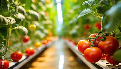 Research in organic, hydroponic tomato plots growing in vertical farm. Generated with AI