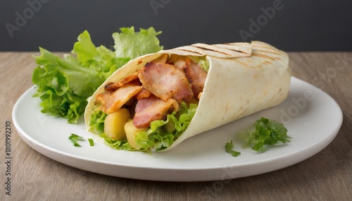 Potatoes, bacon, chicken meat, and green salad in a breakfast burrito. Generated with AI