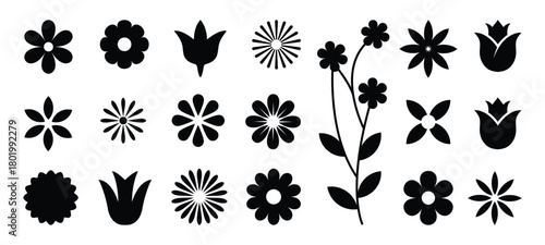 Black flower icons set isolated on white background. Flower simple icon. Stock vector. 