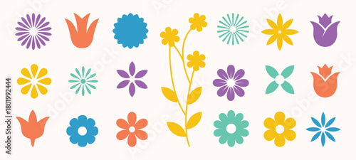 Set of colorful abstract flowers icon set. Retro vintage style, flower icon, flat colors. Vector illustration. 