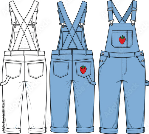 Children's denim overalls vector technical fashion sketch template, front and back view, strawberry patch detail, kids apparel illustration mockup