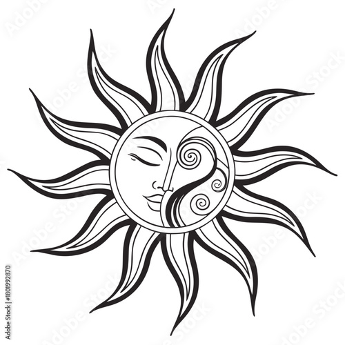 A stylized sun with a face and yin yang symbol within its center